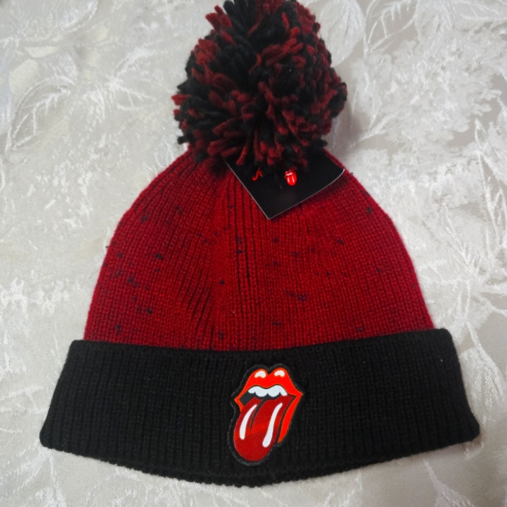 The Rolling Stones Pom Beanie Winter Hat Classic Tongue Logo NEW Red & Black